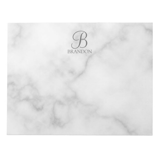 White Marble Personalized Script Monogram and Name Notepad (Front)