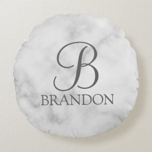 White Marble Personalized Script Monogram and Name Round Cushion