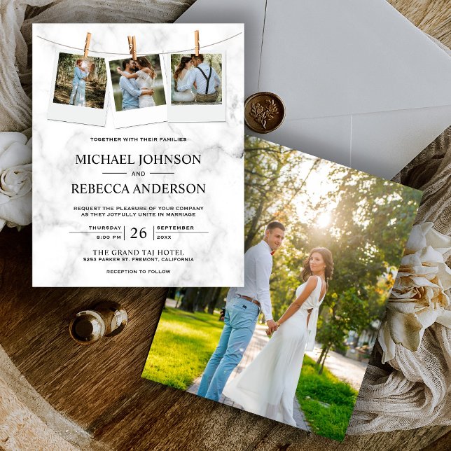 White Marble Photo Budget Wedding Invitation (Creator Uploaded)