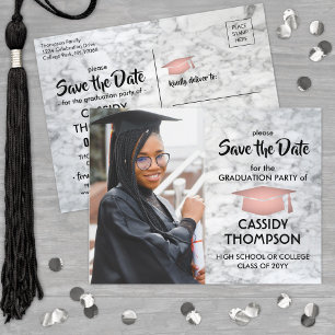 White Marble & Pink Graduation Photo Save the Date Postcard