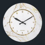 White Marble Print With Gold Crackles Large Clock<br><div class="desc">Image of elegant white marble stone pattern with gold crackles accent. Chick modern design with custom name.</div>