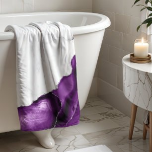 White Marble Purple Agate Silver Glitter Bath Towel