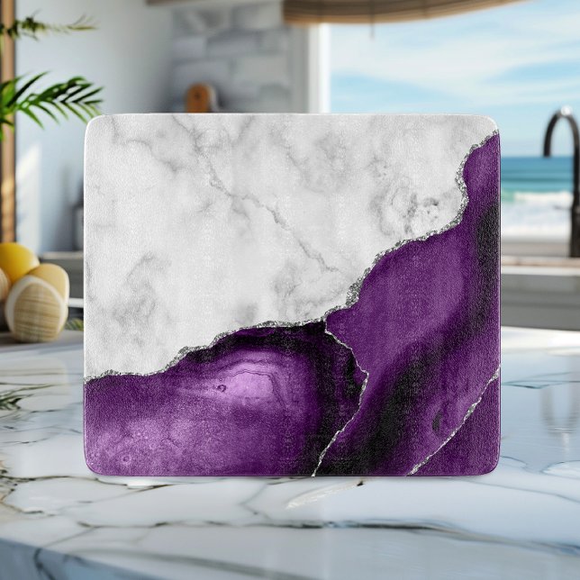 White Marble Purple Agate Silver Glitter Cutting Board (Creator Uploaded)