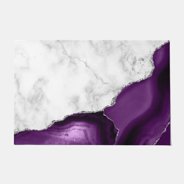 White Marble Purple Agate Silver Glitter Doormat (Front)