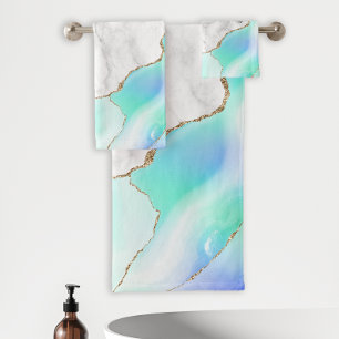White Marble Purple Green Blue Agate Gold Glitter Bath Towel Set