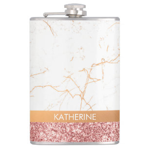 White Marble Rose Glitter Hip Flask