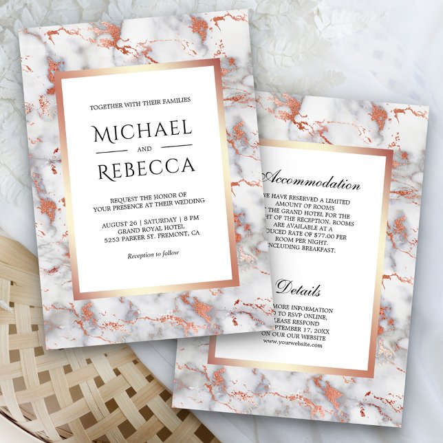 White Marble Rose Gold All in One Wedding Invitation (Creator Uploaded)