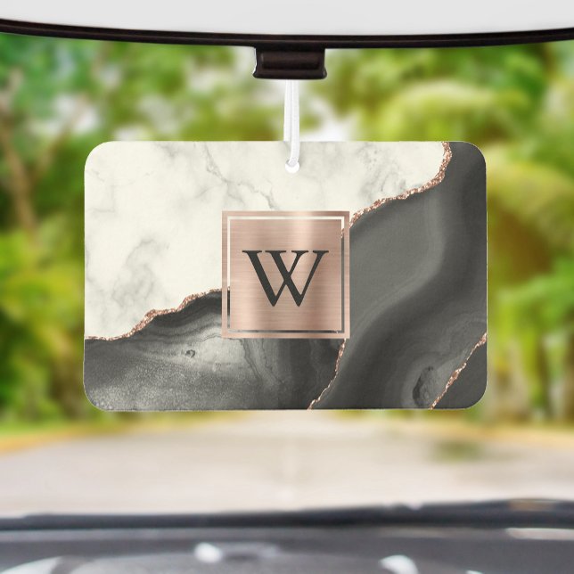 White Marble Rose Gold Black Agate Monogram Car Air Freshener (Creator Uploaded)