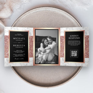 White Marble Rose Gold Black QR Code Wedding Tri-Fold Invitation