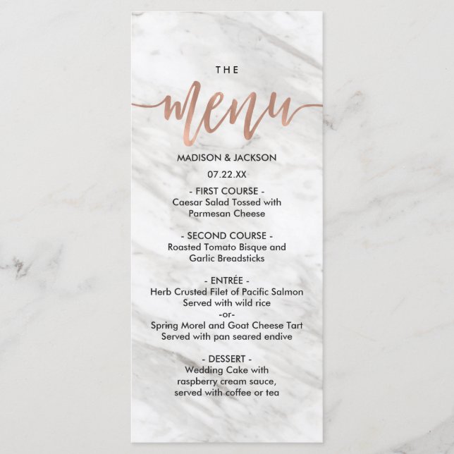 White Marble & Rose Gold Elegant Wedding Menu (Front)