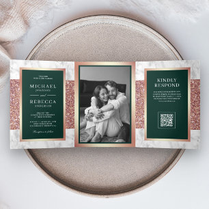 White Marble Rose Gold Emerald QR Code Wedding Tri-Fold Invitation