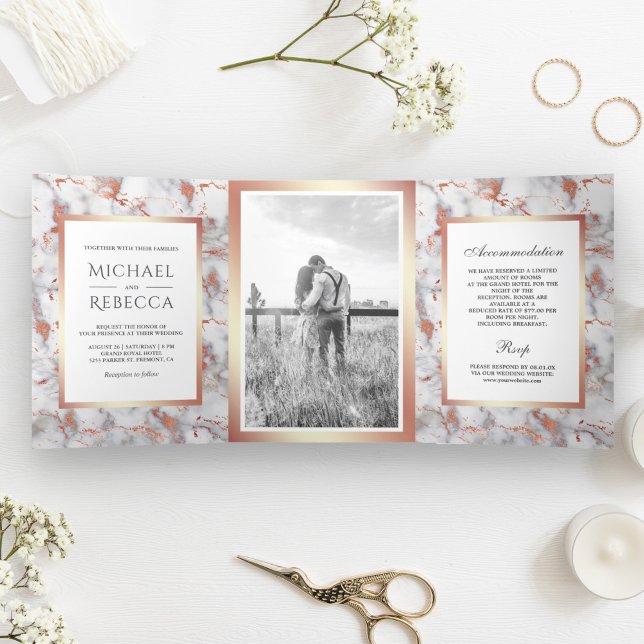 White Marble Rose Gold Foil Photo Wedding Tri-Fold Invitation (Creator Uploaded)