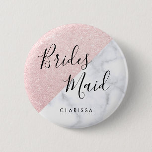 White marble & rose gold glitter bridesmaid 6 cm round badge