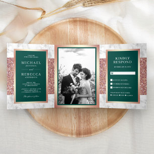 White Marble Rose Gold Glitter Emerald Wedding Tri-Fold Invitation