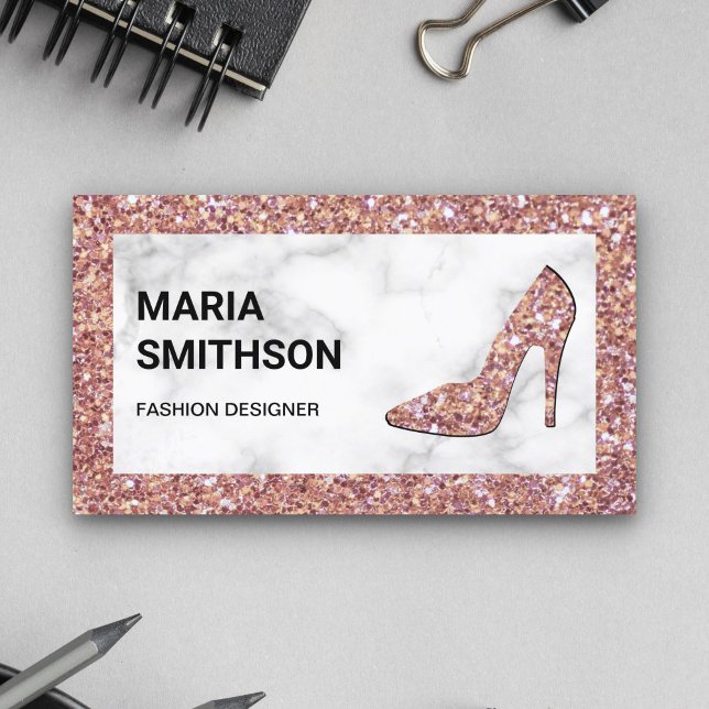 White Marble Rose Gold Glitter High Heels Business Card (Creator Uploaded)