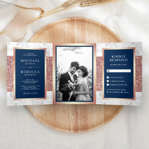 White Marble Rose Gold Glitter Navy Blue Wedding Tri-Fold Invitation