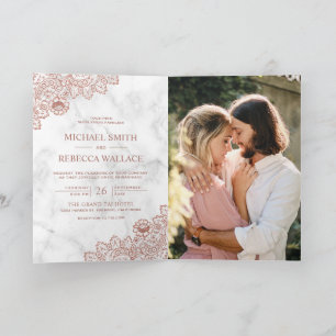 White Marble Rose Gold Lace Photo QR Code Wedding Invitation