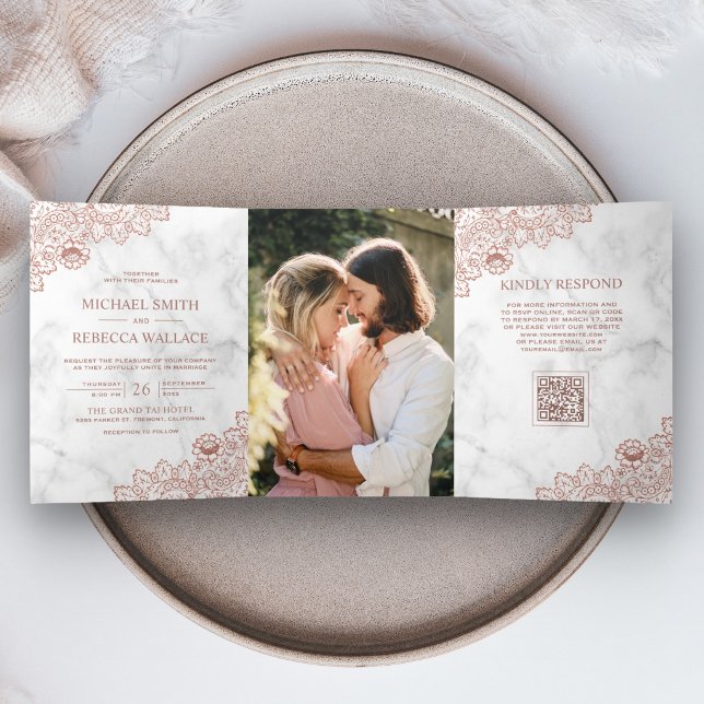White Marble Rose Gold Lace Photo QR Code Wedding Tri-Fold Invitation (Creator Uploaded)