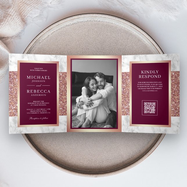 White Marble Rose Gold Magenta QR Code Wedding Tri-Fold Invitation (Creator Uploaded)