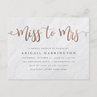 White Marble & Rose Gold Miss to Mrs Bridal Shower Invitation Postcard