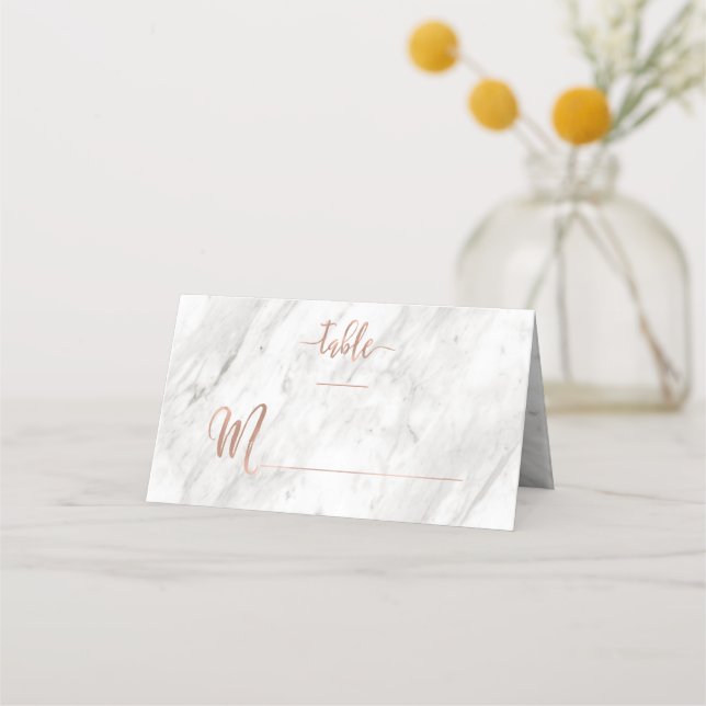White Marble & Rose Gold Modern Table Number Place Card (Front)