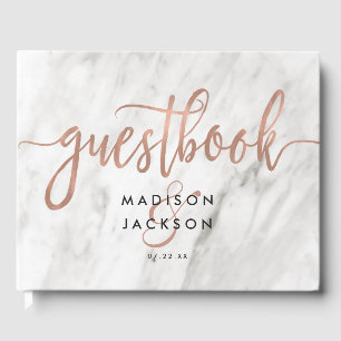 White Marble & Rose Gold Modern Wedding Monogram Guest Book