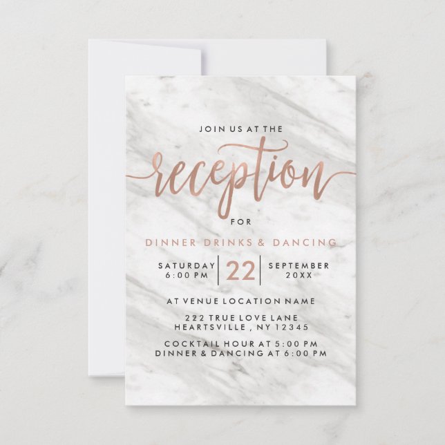 White Marble & Rose Gold Modern Wedding Reception Invitation (Front)