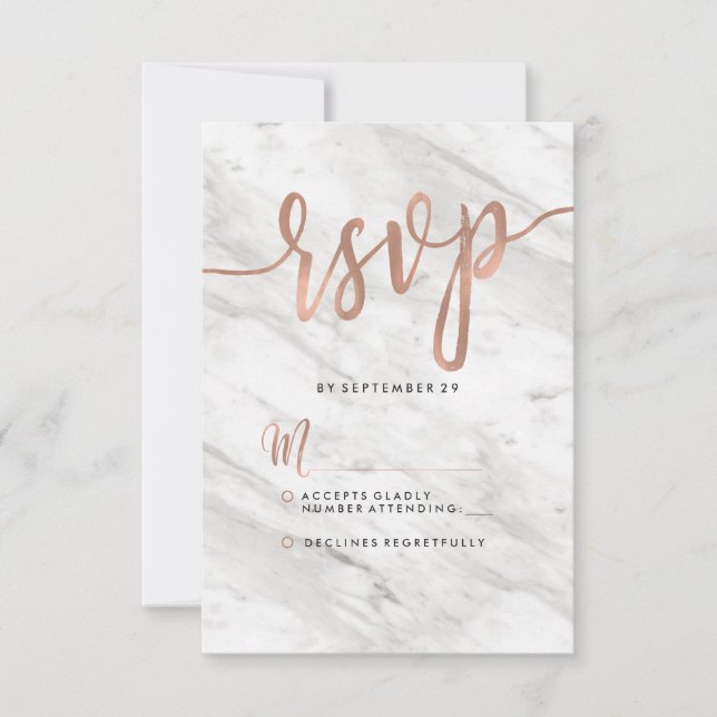 White Marble & Rose Gold Modern Wedding RSVP (Front)