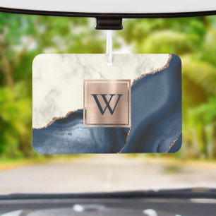 White Marble Rose Gold Navy Blue Agate Monogram Car Air Freshener