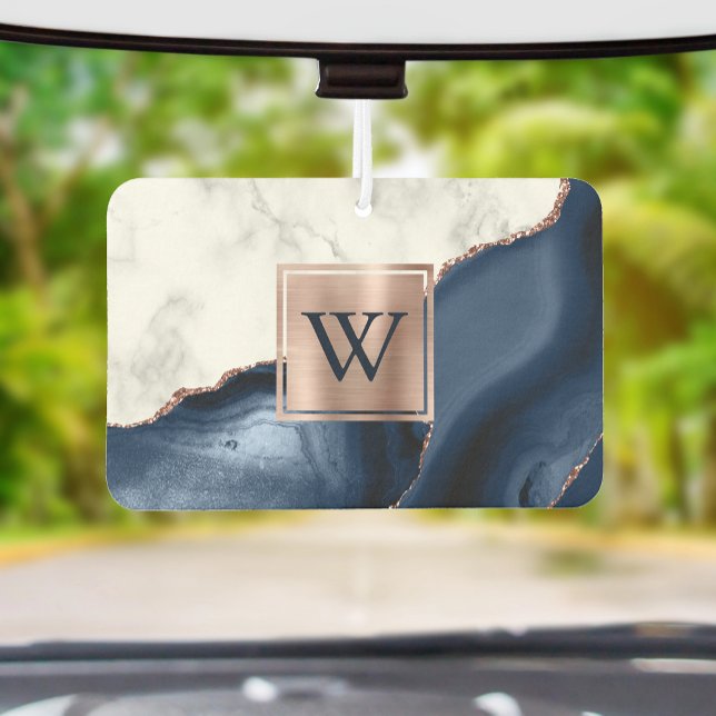 White Marble Rose Gold Navy Blue Agate Monogram Car Air Freshener (Creator Uploaded)