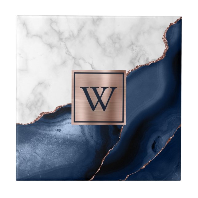 White Marble Rose Gold Navy Blue Agate Monogram Tile (Front)