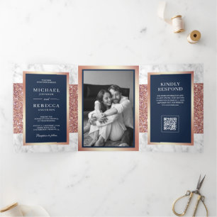 White Marble Rose Gold Navy Blue QR Code Wedding Tri-Fold Invitation