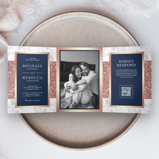 White Marble Rose Gold Navy Blue QR Code Wedding Tri-Fold Invitation (Creator Uploaded)