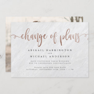 White Marble & Rose Gold Script Change Of Plans Invitation