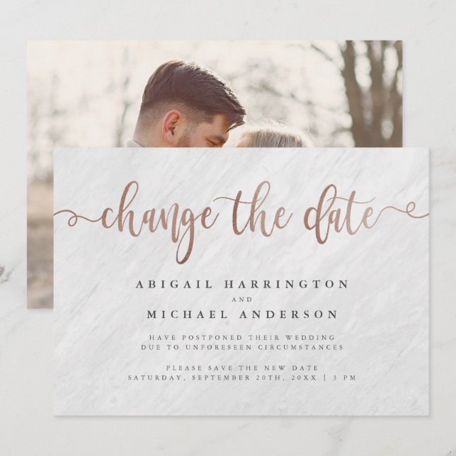 White Marble & Rose Gold Script Change The Date Invitation (Front/Back)