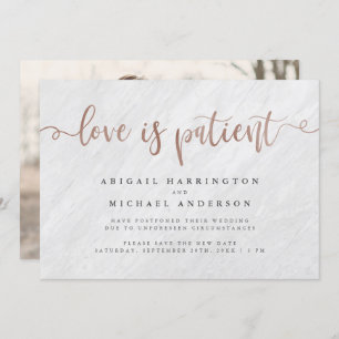 White Marble & Rose Gold Script Love Is Patient Invitation