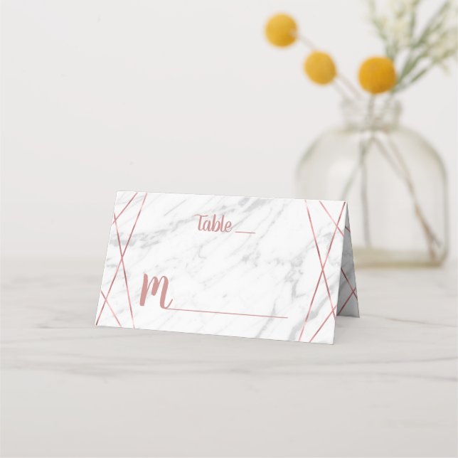 White Marble Rose Gold Triangle Line Table Seating Place Card (Front)