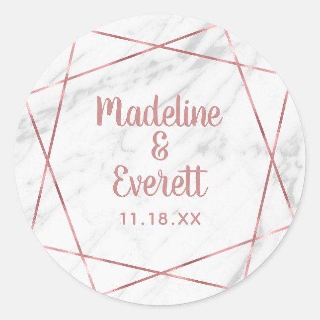 White Marble Rose Gold Triangle Monogram Wedding Classic Round Sticker (Front)