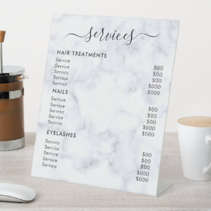 White Marble Salon Services Price List Pedestal Sign
