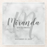 White Marble Script Personalised Bridesmaids Glass Coaster<br><div class="desc">Add a personal touch to your wedding with personalised bridesmaids gift glass coaster. This coaster features personalised bridesmaid's name in grey modern script font style and monogram in light grey modern script font style as background with title and wedding date in grey modern sans serif font style on white marble...</div>