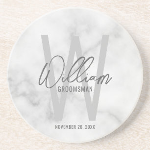 White Marble Script Personalised Groomsman's Name Coaster