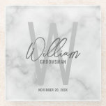White Marble Script Personalised Groomsman's Name Glass Coaster<br><div class="desc">Modern Minimalist Personalised Monogram and Name Gifts This design features personalised groomsman's name in grey modern handwriting script font style and monogram in light grey modern sans serif font style as background, with wedding details in grey modern sans serif font style, on white marble background. Also perfect for best man,...</div>