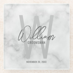 White Marble Script Personalised Groomsman's Name Glass Coaster