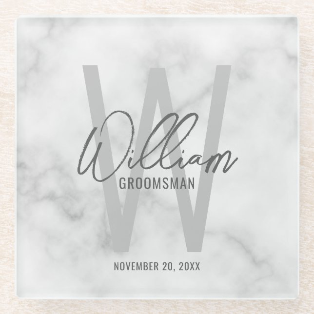 White Marble Script Personalised Groomsman's Name Glass Coaster (Front)