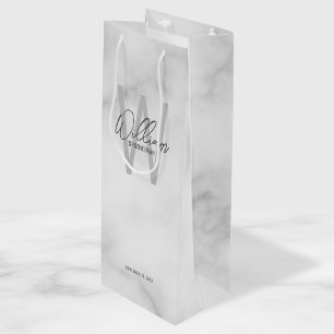 White Marble Script Personalised Groomsman's Name Wine Gift Bag