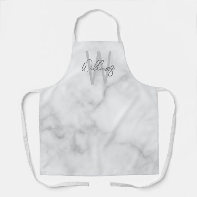 White Marble Script Personalised Monogram and Name Apron (Front)