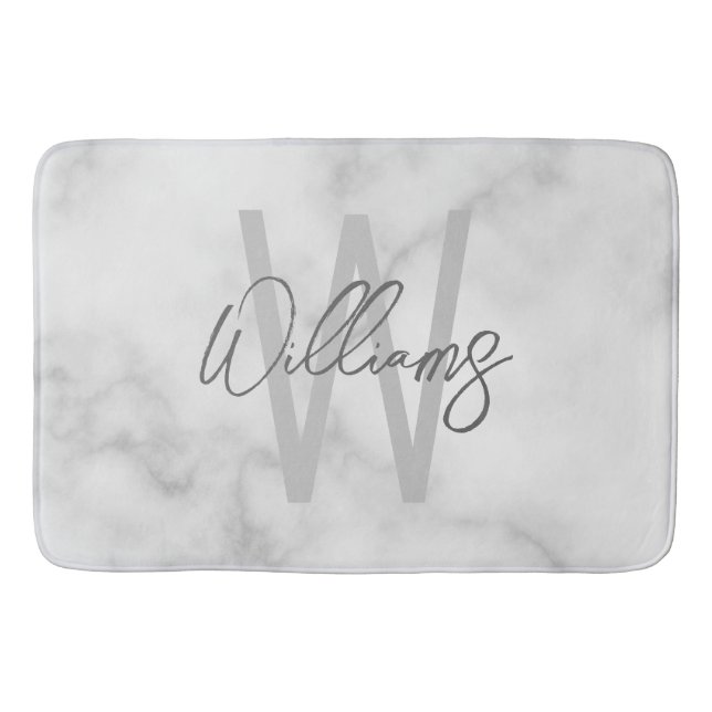 White Marble Script Personalised Monogram and Name Bath Mat (Front)