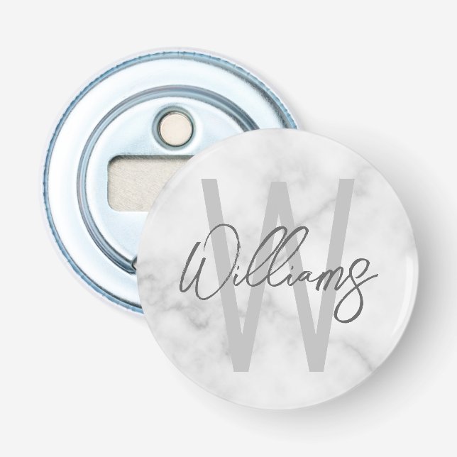 White Marble Script Personalised Monogram and Name Bottle Opener (Front)