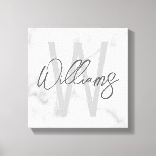 White Marble Script Personalised Monogram and Name Canvas Print