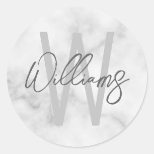White Marble Script Personalised Monogram and Name Classic Round Sticker
